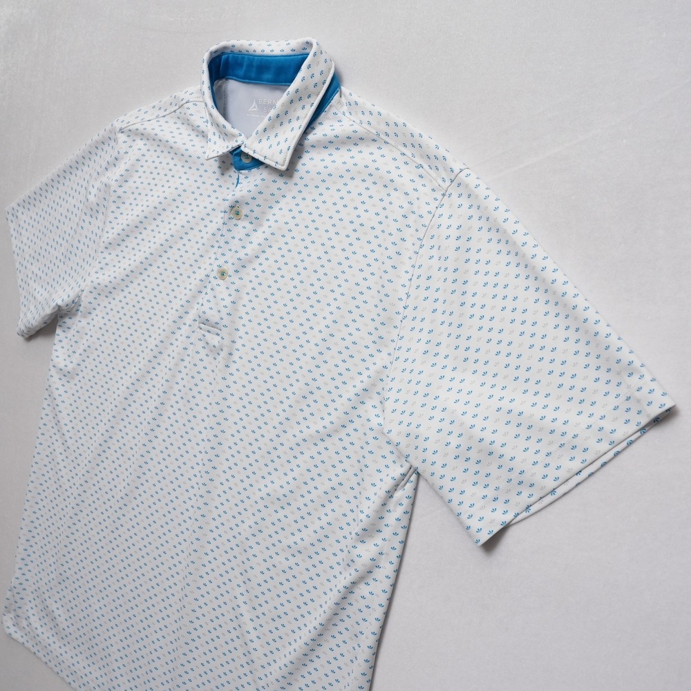 Bermuda Sands Golf Polo Shirt Mens Medium White Blue Geometric Performance - Picture 5 of 12